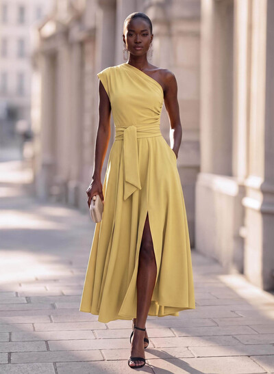 A-Line One-Shoulder Sleeveless Ankle-Grazer Stretch Satin Cocktail Dresses With Split Front/Sash