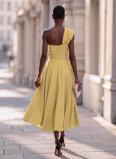 A-Line One-Shoulder Sleeveless Ankle-Grazer Stretch Satin Cocktail Dresses With Split Front/Sash