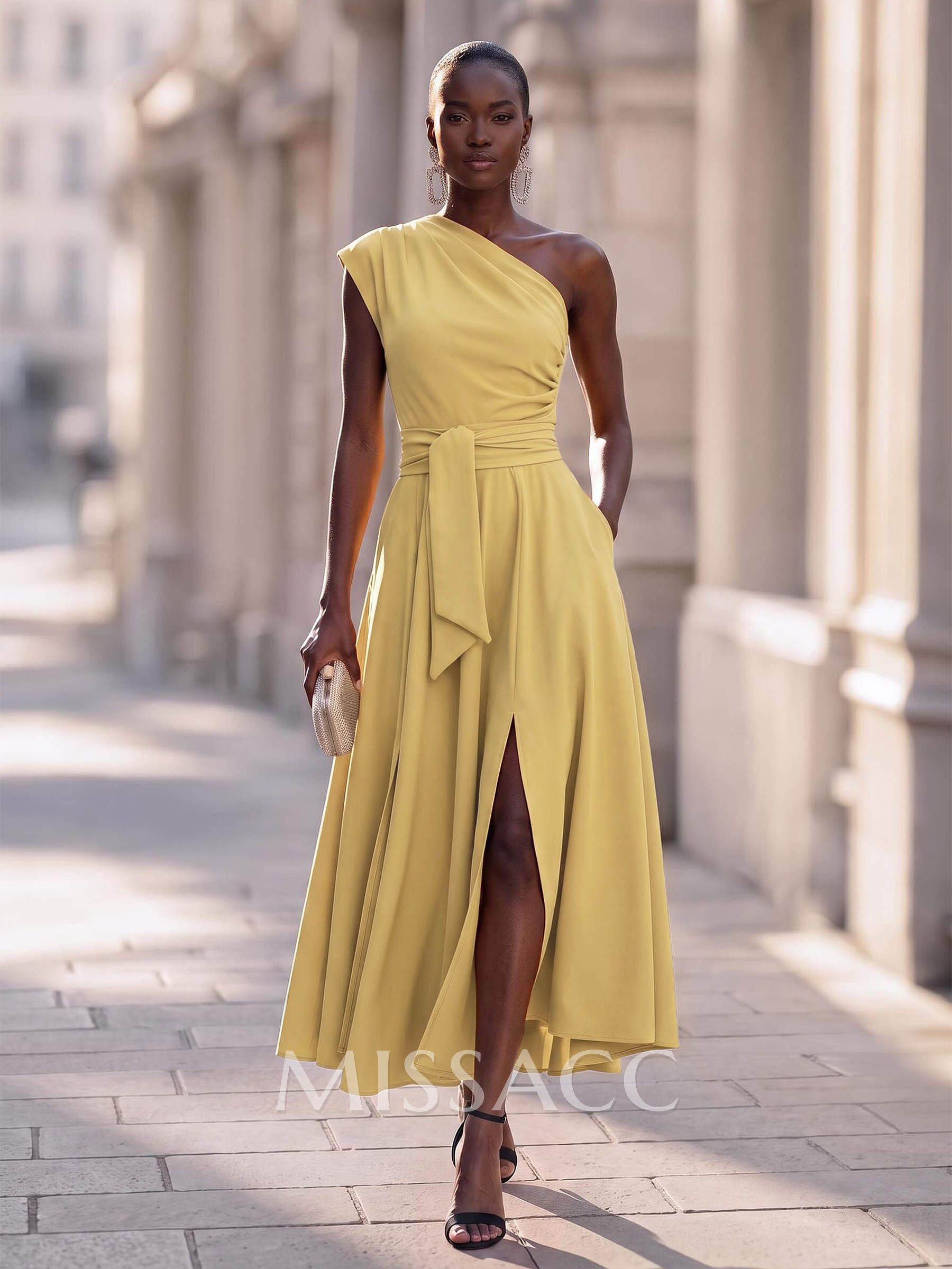 A-Line One-Shoulder Sleeveless Ankle-Grazer Stretch Satin Cocktail Dresses With Split Front/Sash