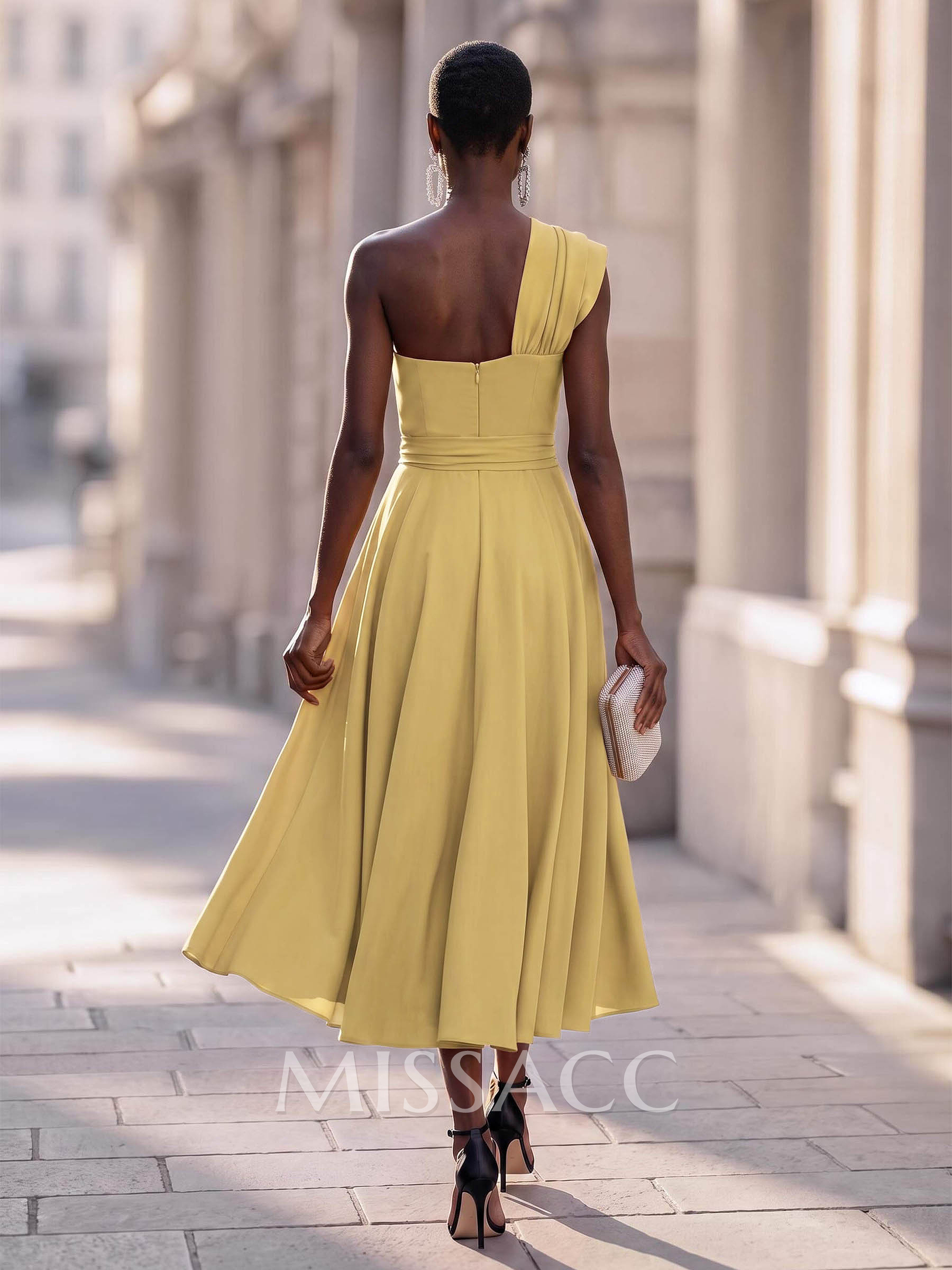 A-Line One-Shoulder Sleeveless Ankle-Grazer Stretch Satin Cocktail Dresses With Split Front/Sash
