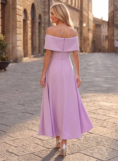 A-Line Off-The-Shoulder Sleeveless Ankle-Length Elastic Satin Cocktail Dresses With Flower