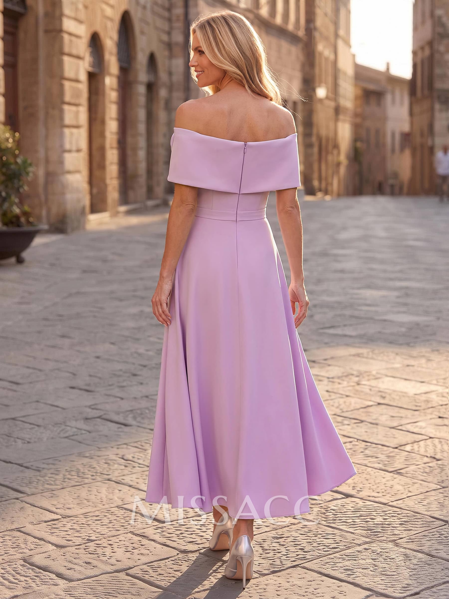 A-Line Off-The-Shoulder Sleeveless Ankle-Length Elastic Satin Cocktail Dresses With Flower