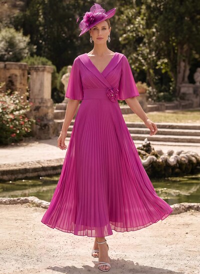 A-Line V-Neck 1/2 Sleeves Ankle-Length Chiffon Cocktail Dresses With Pleated