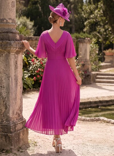A-Line V-Neck 1/2 Sleeves Ankle-Length Chiffon Cocktail Dresses With Pleated