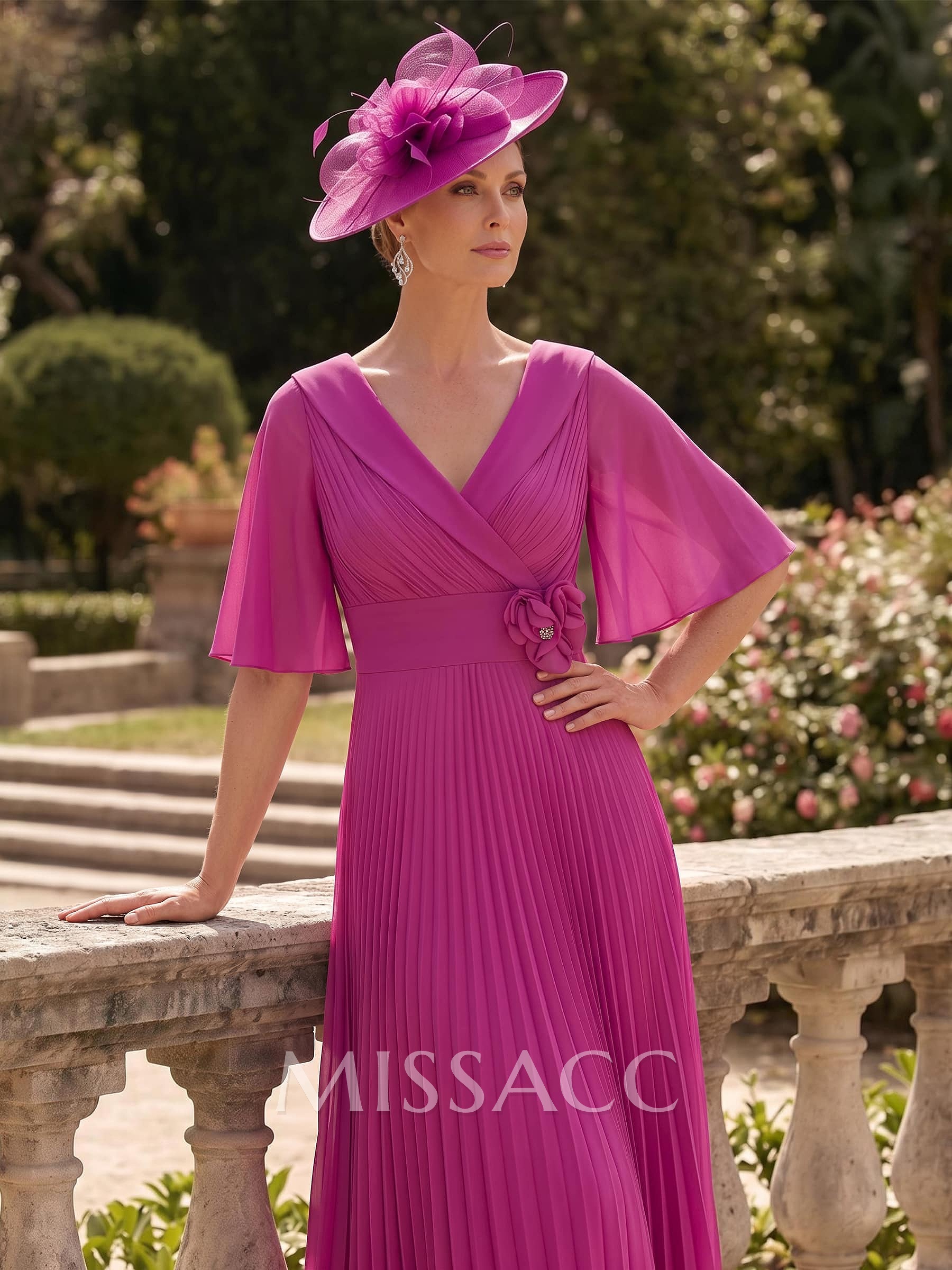 A-Line V-Neck 1/2 Sleeves Ankle-Length Chiffon Cocktail Dresses With Pleated