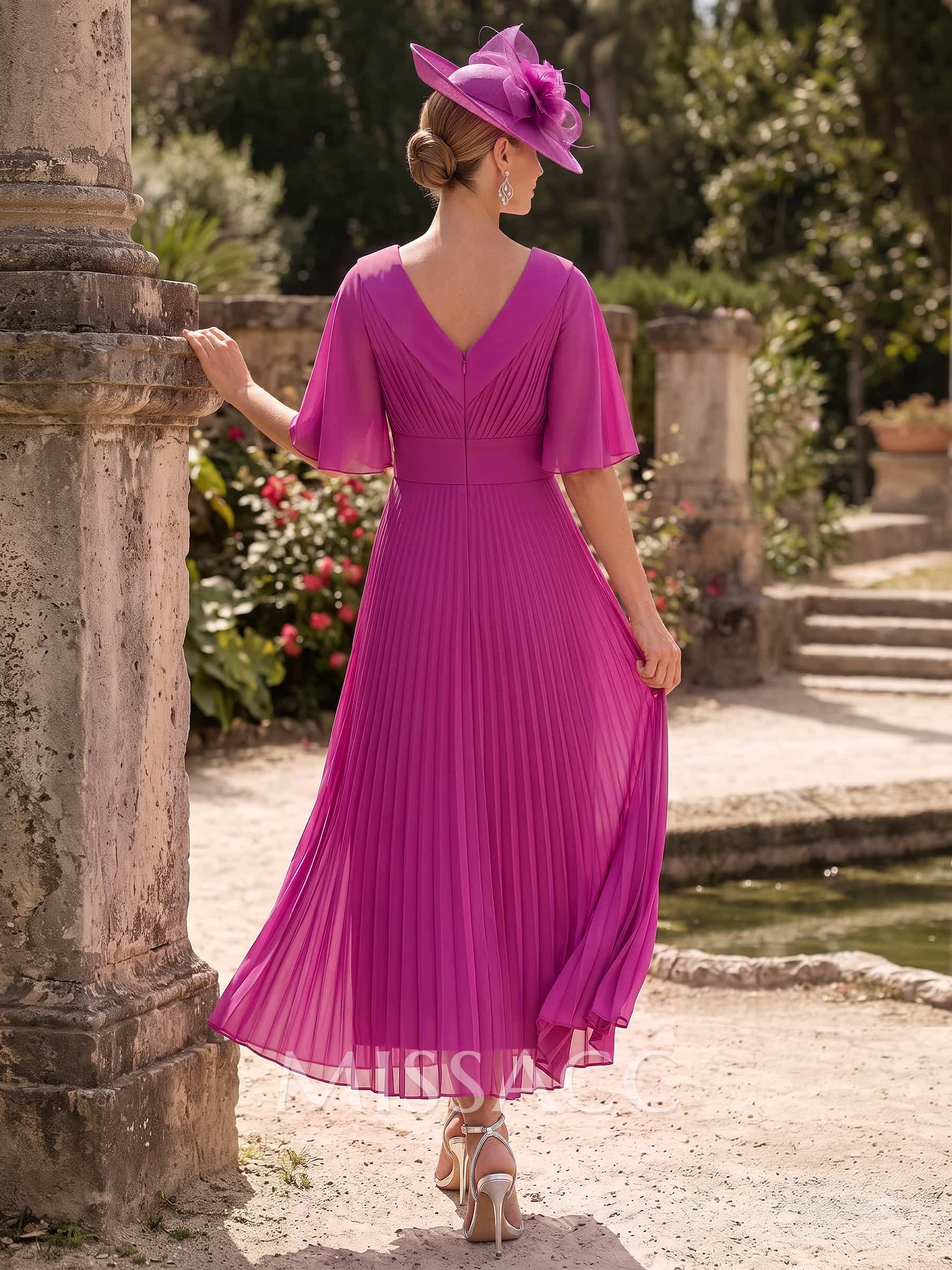A-Line V-Neck 1/2 Sleeves Ankle-Length Chiffon Cocktail Dresses With Pleated