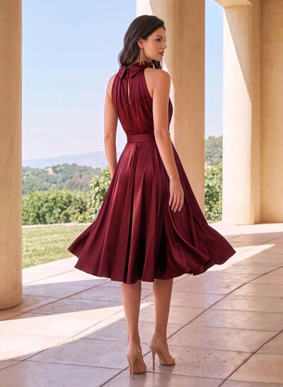 A-Line High Neck Sleeveless Knee-Length Silk Like Satin Cocktail Dresses With Bow