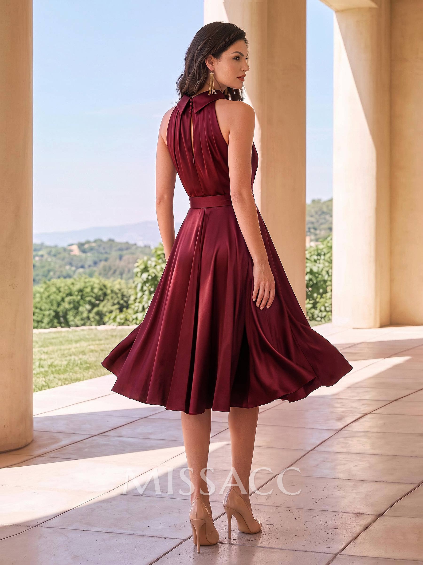 A-Line High Neck Sleeveless Knee-Length Silk Like Satin Cocktail Dresses With Bow