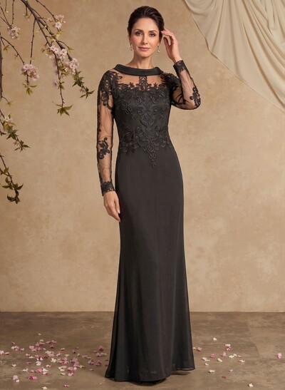 Sheath/Column Scoop Neck Long Sleeves Floor-Length Elastic Satin Cocktail Dresses With Appliques Lace