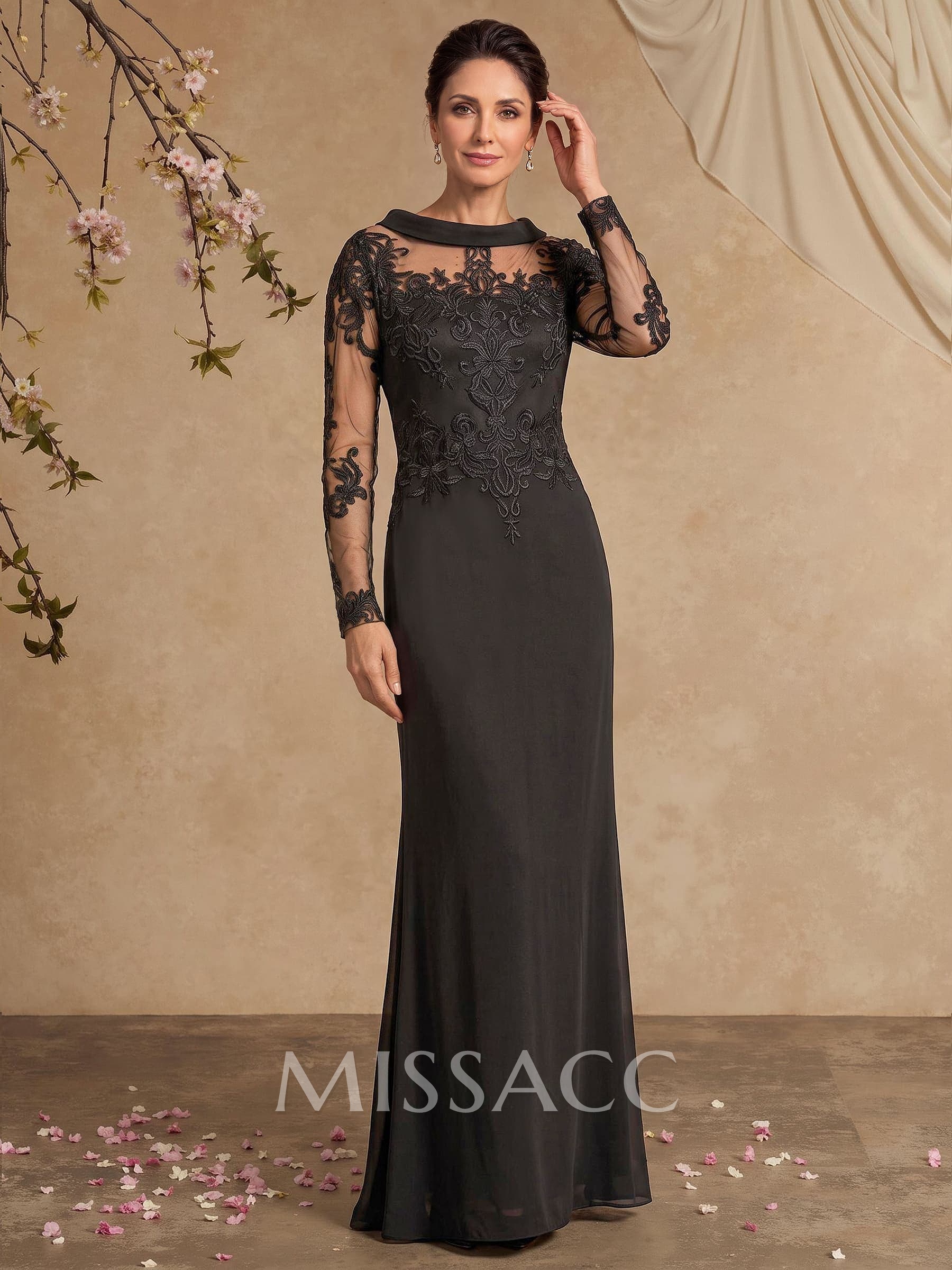 Sheath/Column Scoop Neck Long Sleeves Floor-Length Elastic Satin Cocktail Dresses With Appliques Lace