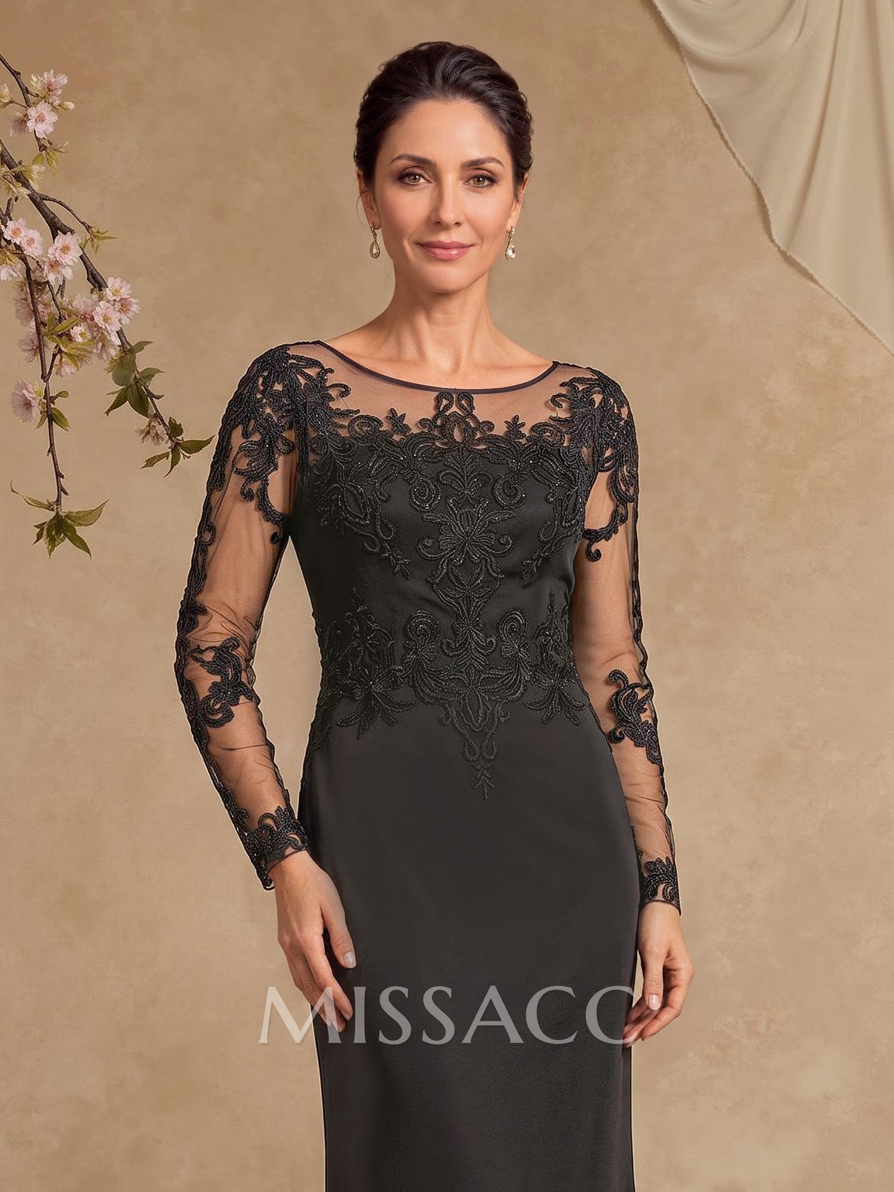 Sheath/Column Scoop Neck Long Sleeves Floor-Length Elastic Satin Cocktail Dresses With Appliques Lace