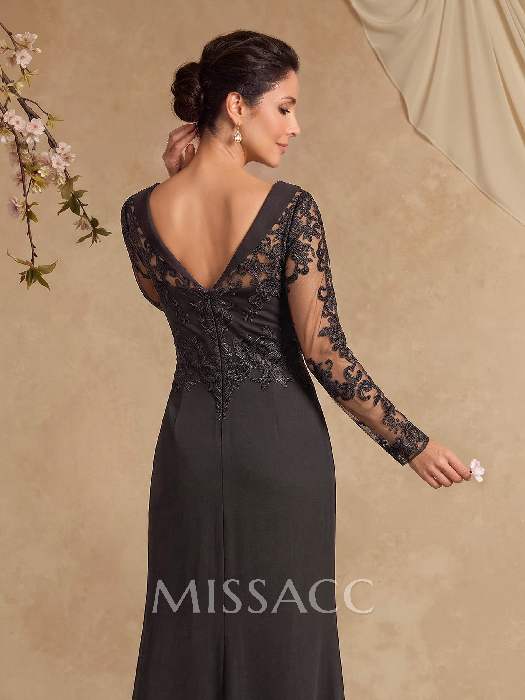 Sheath/Column Scoop Neck Long Sleeves Floor-Length Elastic Satin Cocktail Dresses With Appliques Lace