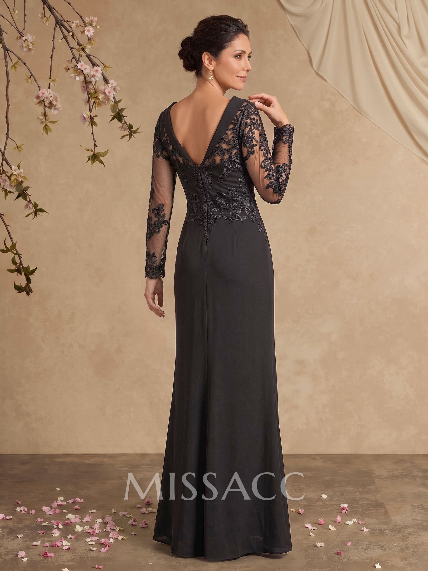 Sheath/Column Scoop Neck Long Sleeves Floor-Length Elastic Satin Cocktail Dresses With Appliques Lace