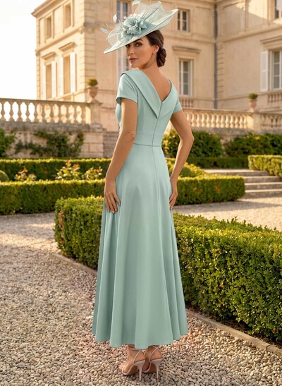 A-Line V-Neck Short Sleeves Ankle-Length Elastic Satin Cocktail Dresses With Appliques Lace