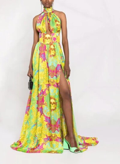 A-Line Halter Sleeveless Sweep Train Acetate Satin Evening Dresses