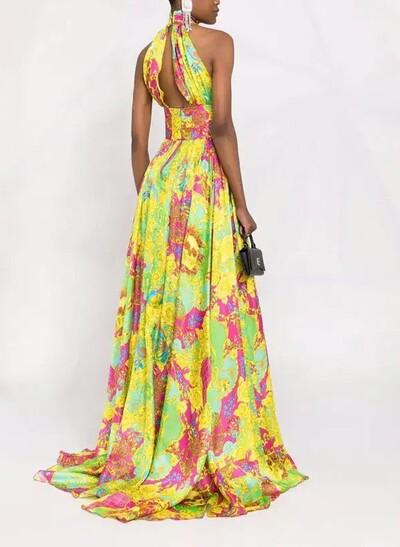 A-Line Halter Sleeveless Sweep Train Acetate Satin Evening Dresses