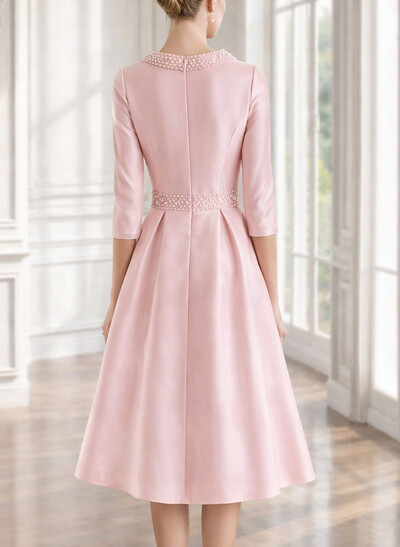 A-Line Scoop Neck 3/4 Sleeves Knee-Length Satin Evening Dresses With Beading