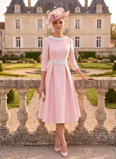 A-Line Scoop Neck 3/4 Sleeves Tea-Length Satin Evening Dresses With Beading