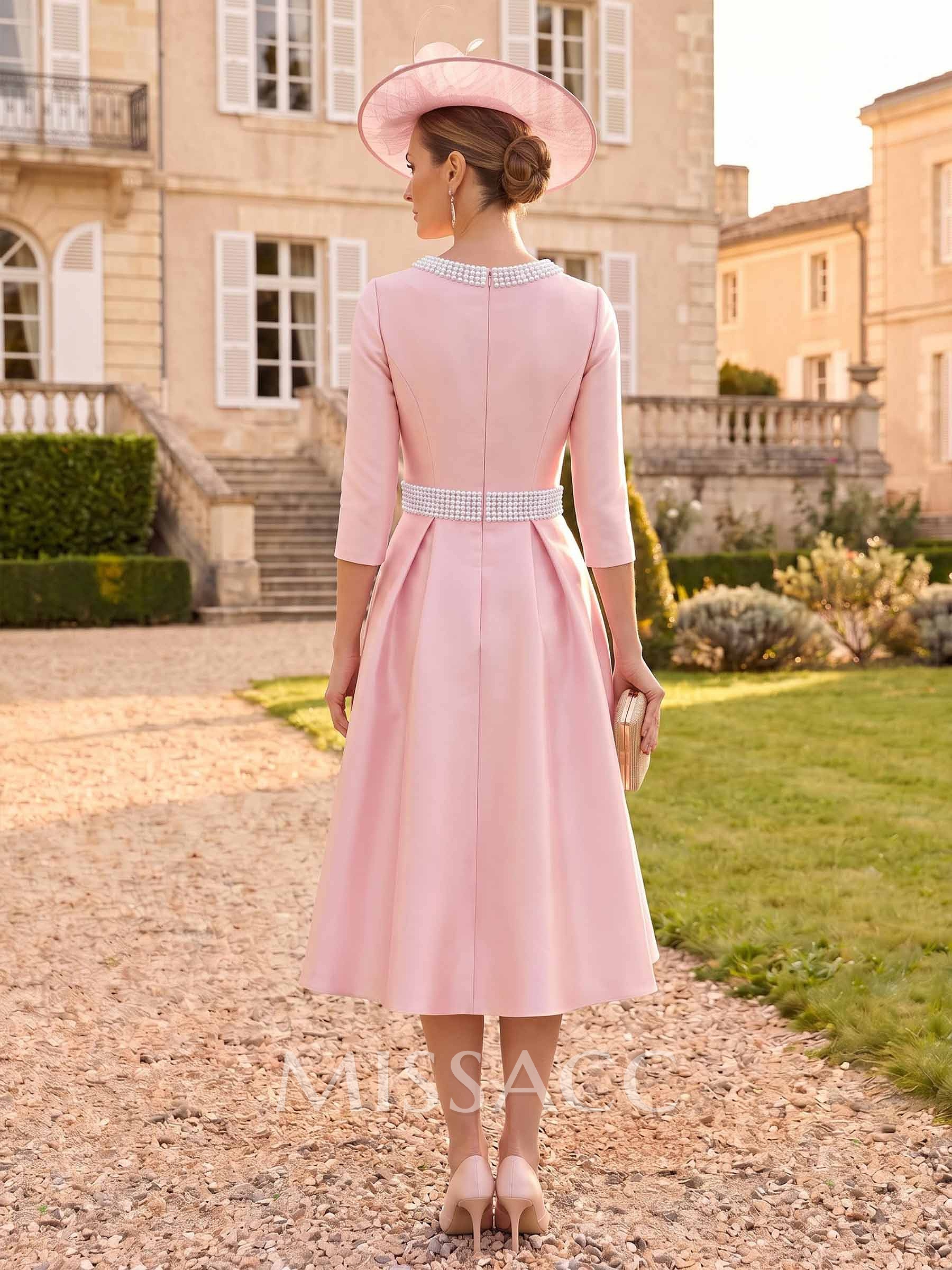 A-Line Scoop Neck 3/4 Sleeves Tea-Length Satin Evening Dresses With Beading A-Line Scoop Neck 3/4 Sleeves Tea-Length Satin Evening Dresses With Beading