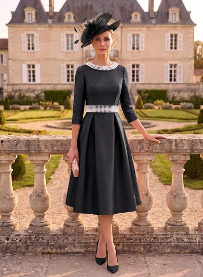 A-Line Scoop Neck 3/4 Sleeves Tea-Length Satin Evening Dresses With Beading