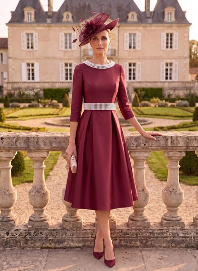 A-Line Scoop Neck 3/4 Sleeves Tea-Length Satin Evening Dresses With Beading