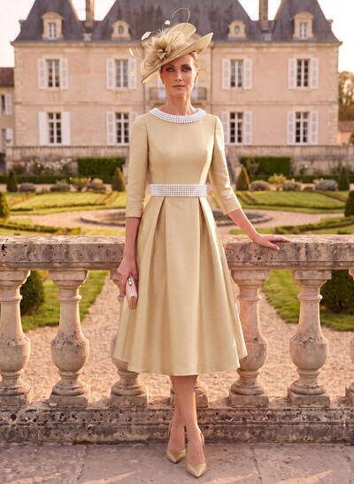 A-Line Scoop Neck 3/4 Sleeves Tea-Length Satin Evening Dresses With Beading
