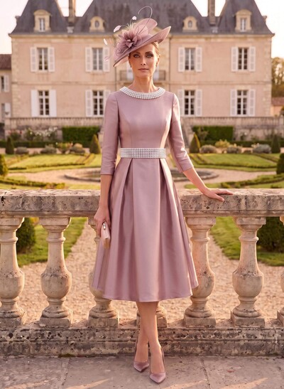 A-Line Scoop Neck 3/4 Sleeves Tea-Length Satin Evening Dresses With Beading