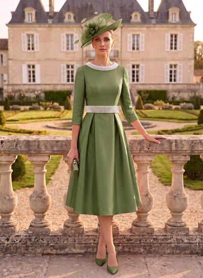A-Line Scoop Neck 3/4 Sleeves Tea-Length Satin Evening Dresses With Beading