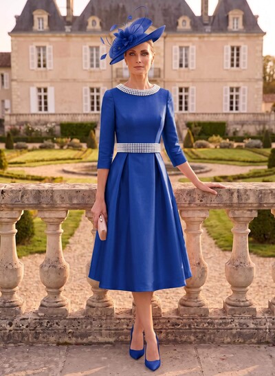 A-Line Scoop Neck 3/4 Sleeves Tea-Length Satin Evening Dresses With Beading