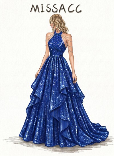A-Line Halter Sleeveless Sweep Train Tulle Evening Dresses With Ruffle/Beading