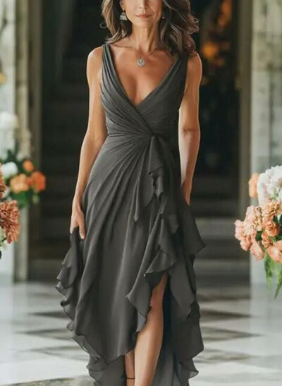A-Line V-Neck Sleeveless Asymmetrical Chiffon Evening Dresses With Ruffle
