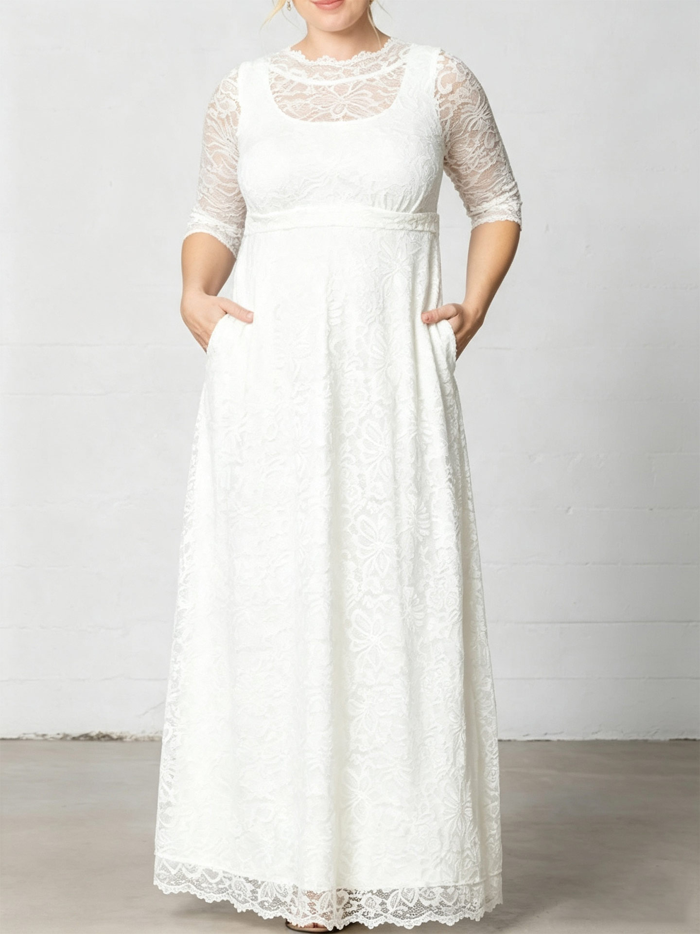 A-Line Scoop Neck 3/4 Sleeves Floor-Length Lace/Satin Evening Dresses With Appliques Lace