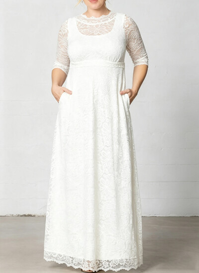 A-Line Scoop Neck 3/4 Sleeves Floor-Length Lace/Satin Evening Dresses With Appliques Lace