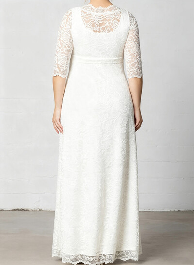 A-Line Scoop Neck 3/4 Sleeves Floor-Length Lace/Satin Evening Dresses With Appliques Lace