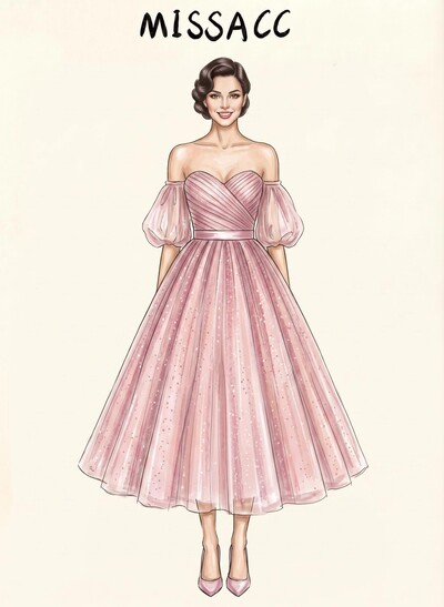 Ball-Gown Off-The-Shoulder Short Sleeves Ankle-Length Tulle Evening Dresses