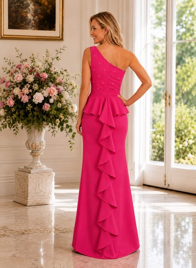 Sheath/Column One-Shoulder Sleeveless Floor-Length Satin Evening Dresses With Sash