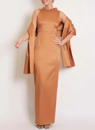 Sheath/Column High Neck Sleeveless Floor-Length Satin Evening Dresses With Back Slit