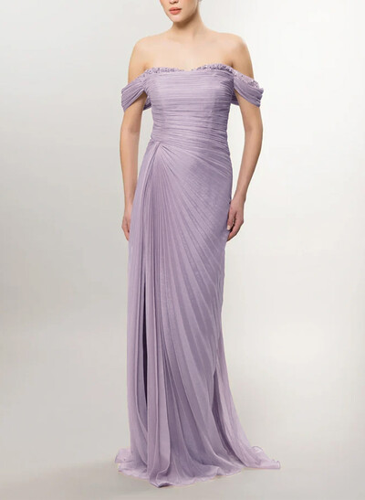 Sheath/Column Off-The-Shoulder Sweep Train Evening Dresses With Split Front/Pleated
