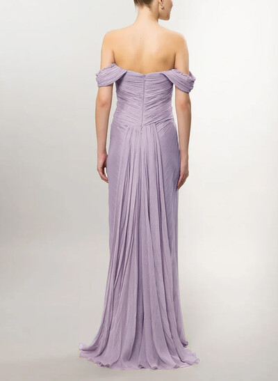 Sheath/Column Off-The-Shoulder Sweep Train Evening Dresses With Split Front/Pleated