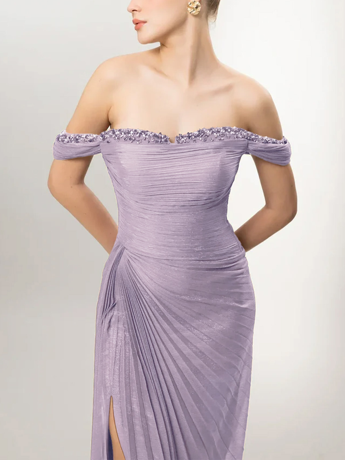 Sheath/Column Off-The-Shoulder Sweep Train Evening Dresses With Split Front/Pleated