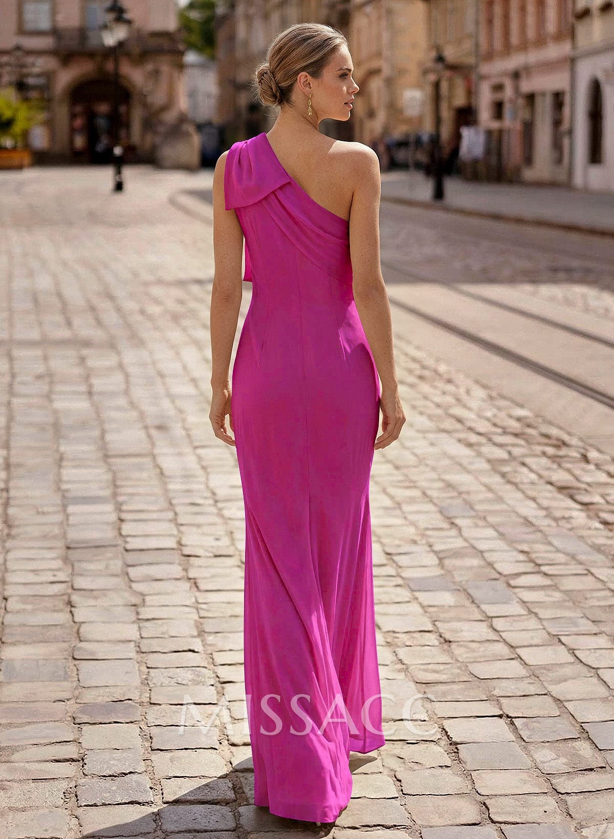 Sheath/Column One-Shoulder Sleeveless Floor-Length Chiffon Evening Dresses With Bow