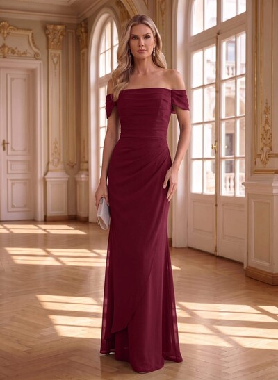 Sheath/Column Off-The-Shoulder Sleeveless Floor-Length Chiffon Evening Dresses