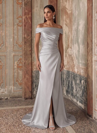 Sheath/Column Off-The-Shoulder Sleeveless Sweep Train Satin Evening Dresses With Ruffle