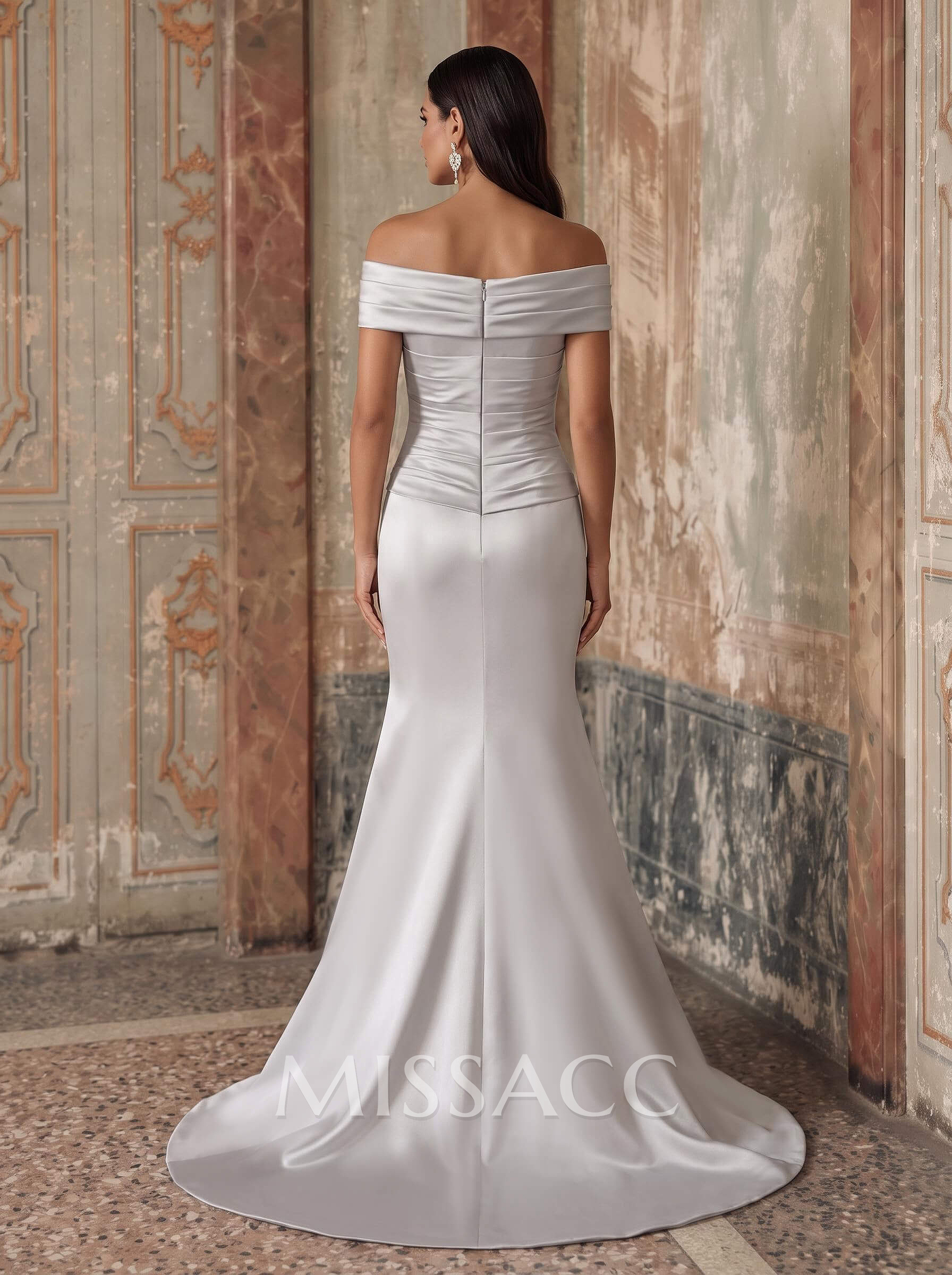 Sheath/Column Off-The-Shoulder Sleeveless Sweep Train Satin Evening Dresses With Ruffle