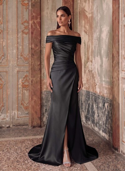 Sheath/Column Off-The-Shoulder Sleeveless Sweep Train Satin Evening Dresses With Ruffle