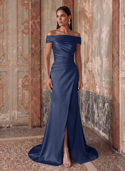 Sheath/Column Off-The-Shoulder Sleeveless Sweep Train Satin Evening Dresses With Ruffle