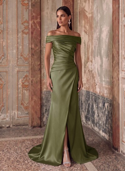 Sheath/Column Off-The-Shoulder Sleeveless Sweep Train Satin Evening Dresses With Ruffle