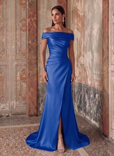 Sheath/Column Off-The-Shoulder Sleeveless Sweep Train Satin Evening Dresses With Ruffle