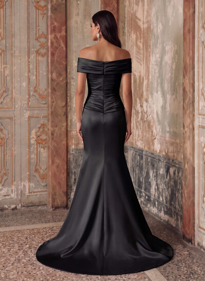 Sheath/Column Off-The-Shoulder Sleeveless Sweep Train Satin Evening Dresses With Ruffle