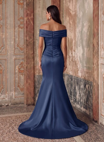 Sheath/Column Off-The-Shoulder Sleeveless Sweep Train Satin Evening Dresses With Ruffle